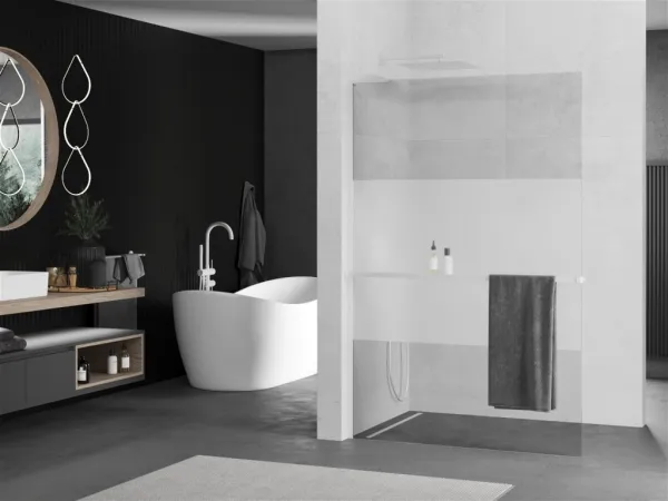 MEXEN/S - Kioto+ L Sprchová zástena WALK-IN s poličkou a držiakom uterákov 110 x 200, transparent/dekor, biela 800-110-123-20-35