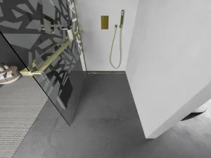 MEXEN/S - Kioto+ Sprchová zástena s poličkou WALK-IN 110 x 200, biela vzor, zlatá kartáčovaná 800-110-121-55-85