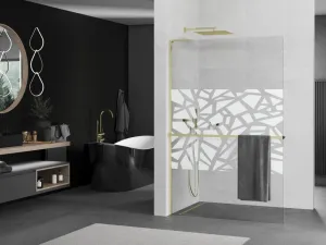MEXEN/S - Kioto+ L Sprchová zástena WALK-IN s poličkou a držiakom uterákov 80 x 200, biely vzor, zlatá 800-080-123-50-85