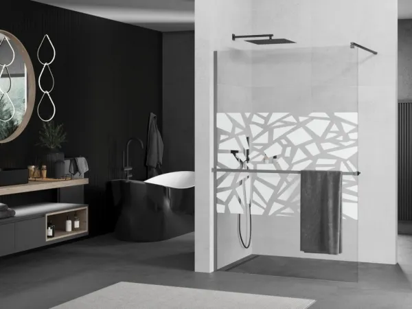 MEXEN/S - Kioto+ Sprchová zástena s poličkou WALK-IN 80 x 200, biela vzor, grafit metal 800-080-121-95-85