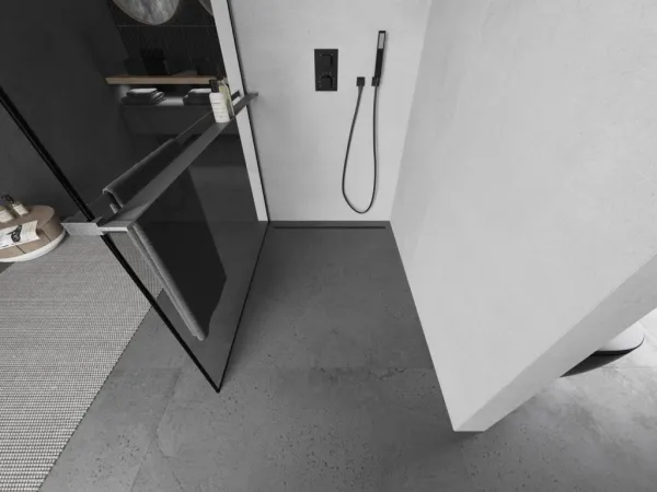 MEXEN/S - Kioto+ Sprchová zástena s poličkou WALK-IN 90 x 200, čierna vzor, grafit kartáčovaná 800-090-121-66-70