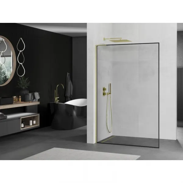 MEXEN/S - Kioto L Sprchová zástena WALK-IN 80 x 200, čierny vzor, zlato kartáčovaná 800-080-103-55-70