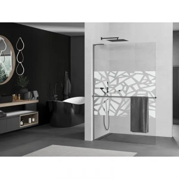 MEXEN/S - Kioto+ L Sprchová zástena WALK-IN s poličkou a držiakom uterákov 90 x 200, biely vzor, grafit metal 800-090-123-95-85