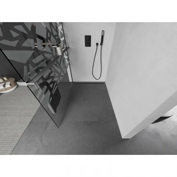 MEXEN/S - Kioto+ L Sprchová zástena WALK-IN s poličkou a držiakom uterákov 80 x 200, biely vzor, grafit metal 800-080-123-95-85