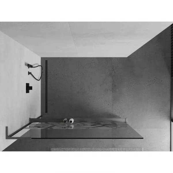 MEXEN/S - Kioto+ L Sprchová zástena WALK-IN s poličkou a držiakom uterákov 90 x 200, biely vzor, grafit metal 800-090-123-95-85