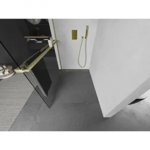 MEXEN/S - Kioto+ L Sprchová zástena WALK-IN s poličkou a držiakom uterákov 65 x 200, transparent, zlatá kartáčovaná 800-065-123-55-00