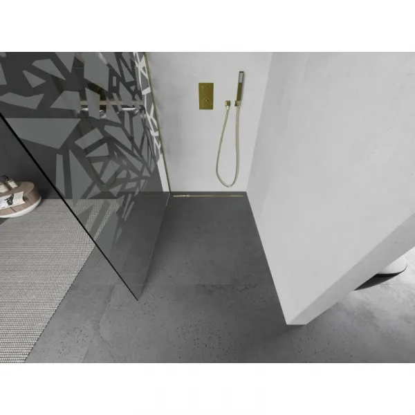 MEXEN/S - Kioto L Sprchová zástena WALK-IN 90 x 200, biely vzor, zlatá kartáčovaná 800-090-103-55-85