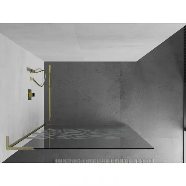 MEXEN/S - Kioto L Sprchová zástena WALK-IN 90 x 200, biely vzor, zlatá kartáčovaná 800-090-103-55-85