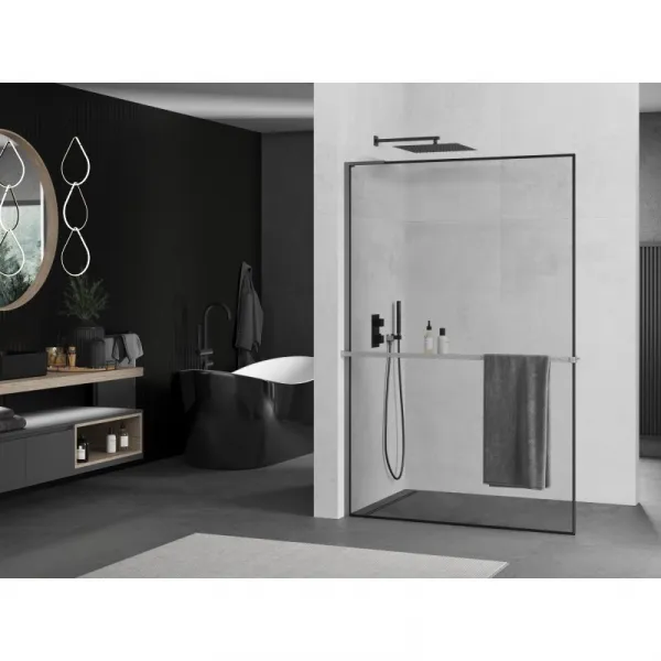 MEXEN/S - Kioto+ L Sprchová zástena WALK-IN s poličkou a držiakom uterákov 90 x 200, čierny vzor, grafit metal 800-090-123-95-70