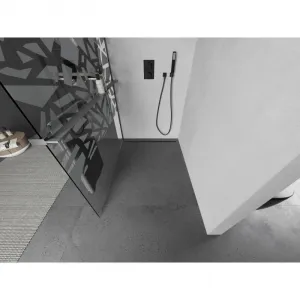 MEXEN/S - Kioto+ L Sprchová zástena WALK-IN s poličkou a držiakom uterákov 70 x 200, biely vzor, grafit kartáčovaná 800-070-123-66-85