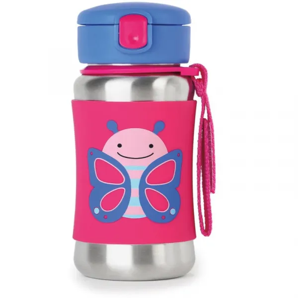 SKIP HOP Zoo Motýlik 350ml,SKIP HOP Zoo Fľaša so slamkou na vodu nerez Motýlik 12m+