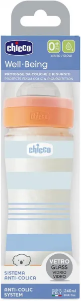 CHICCO Fľaša dojčenská sklo Well-being silikón 240 ml chlapec