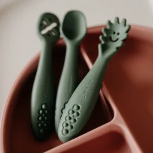 PETITE&MARS Set 3 ks silikónových tréningových lyžičiek Take&Match Misty Green 6m+
