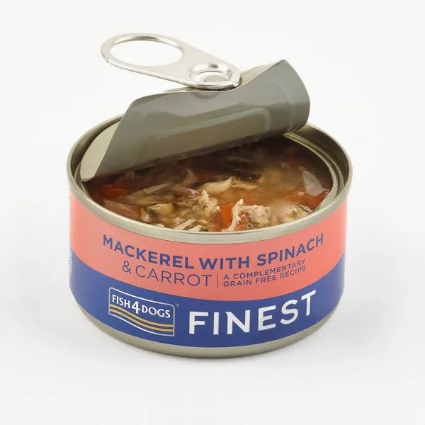 FISH4DOGS Konzerva pre psov Finest s makrelou,  mrkvou a špenátom 85g