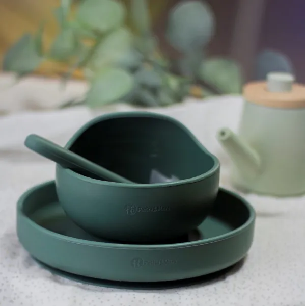 PETITE&MARS Set jedálenský silikónový TAKE&MATCH 3 ks Misty Green 6m+