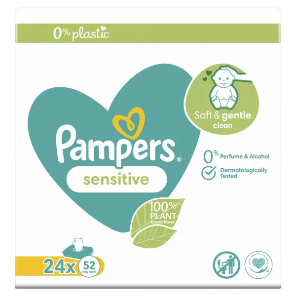 Pampers Sensitive Baby Detské Čistiace Obrúsky 24 x 52 ks 1248 ks,PAMPERS Sensitive vlhčené obrúsky Plastic Free 24 x 52 ks = 1248 ks