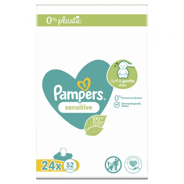 Pampers Sensitive Baby Detské Čistiace Obrúsky 24 x 52 ks 1248 ks,PAMPERS Sensitive vlhčené obrúsky Plastic Free 24 x 52 ks = 1248 ks