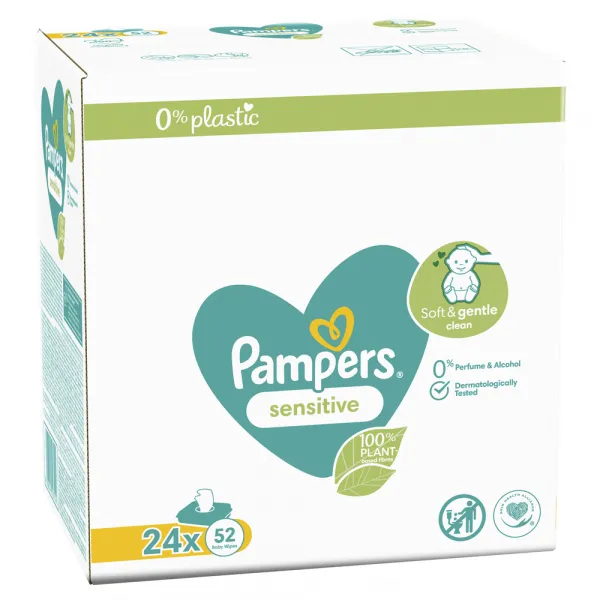 Pampers Sensitive Baby Detské Čistiace Obrúsky 24 x 52 ks 1248 ks,PAMPERS Sensitive vlhčené obrúsky Plastic Free 24 x 52 ks = 1248 ks