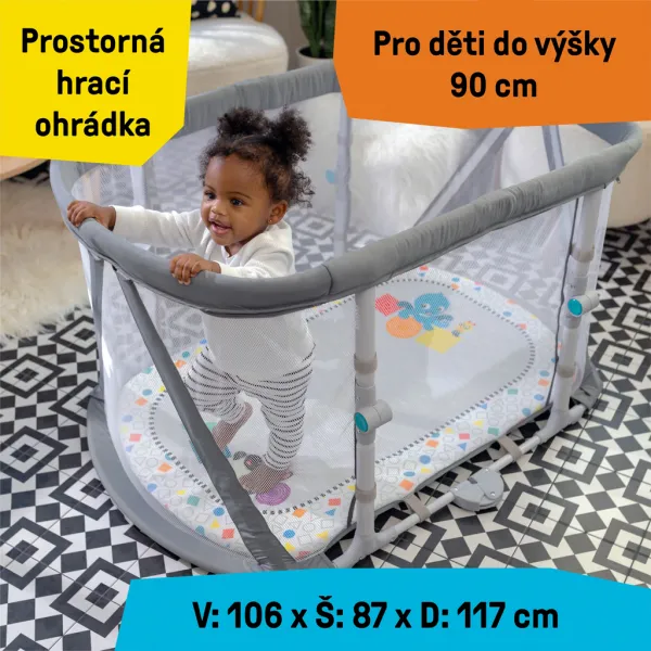 BABY EINSTEIN Postieľka s ohrádkou na hranie a klavírom 3v1 Kick & Snooze™ 0m+