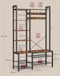VASAGLE Vešiak do predsiene s držiakom na topánky a policami 120 x 190 x 40 cm hnedý