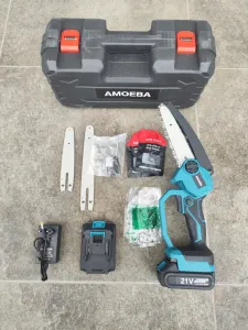 AMOEBA 8"a 6"- palcová bezulíková reťazová píla bez mazania na prácu v záhrade s 2 x batériou 5 x reťaz 3 x lišta 2 x batérie. Náradie vhodné pre batériu MAKITA 18V