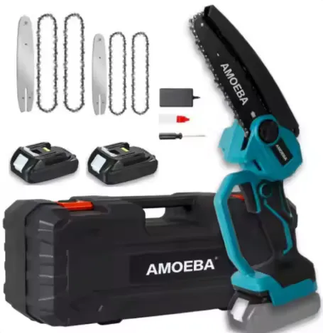 AMOEBA 8"a 6"- palcová bezulíková reťazová píla bez mazania na prácu v záhrade s 2 x batériou 5 x reťaz 3 x lišta 2 x batérie. Náradie vhodné pre batériu MAKITA 18V
