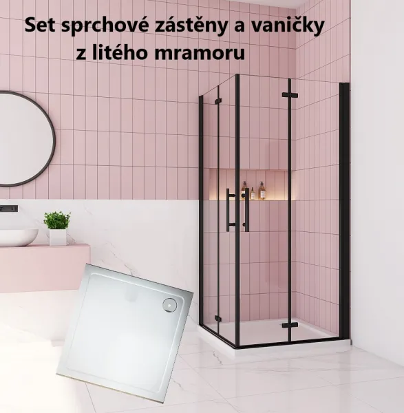 H K - Sprchovací kút MELODY BLACK R100, 100x100 cm so zalamovacími dverami vrátane sprchovej vaničky z liateho mramoru SE-MELODYBLACKR100/THOR-100SQ