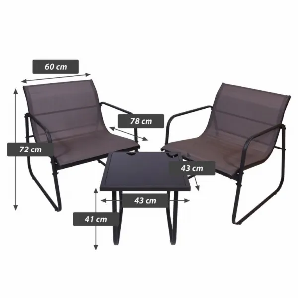 Záhradný relaxačný set stôl a 2 kreslá, oceľ, šedá