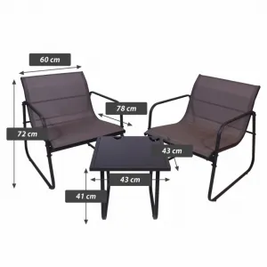 Záhradný relaxačný set stôl a 2 kreslá, oceľ, šedá
