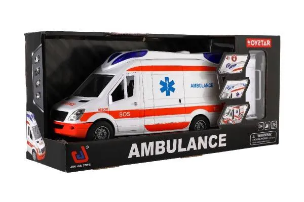 Auto ambulancia plast 26 cm s lehátkom na zotrvačník so svetlom so zvukom