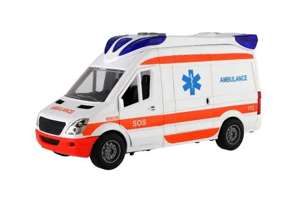 Auto ambulancia plast 26 cm s lehátkom na zotrvačník so svetlom so zvukom