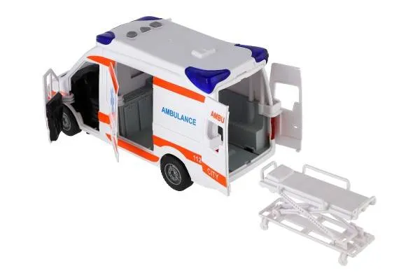 Auto ambulancia plast 26 cm s lehátkom na zotrvačník so svetlom so zvukom