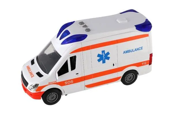 Auto ambulancia plast 26 cm s lehátkom na zotrvačník so svetlom so zvukom