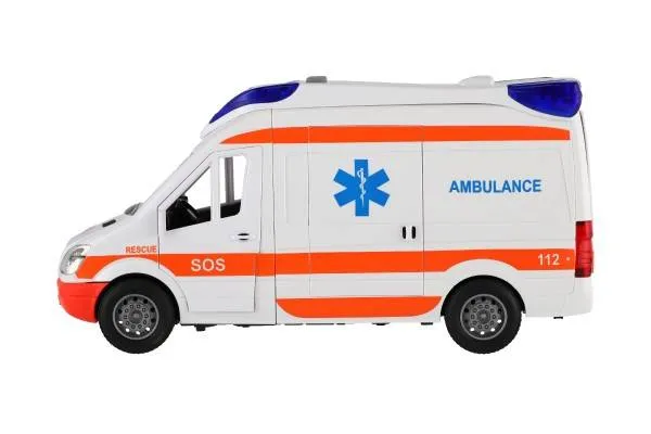 Auto ambulancia plast 26 cm s lehátkom na zotrvačník so svetlom so zvukom