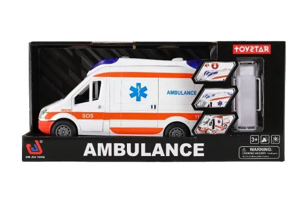 Auto ambulancia plast 26 cm s lehátkom na zotrvačník so svetlom so zvukom