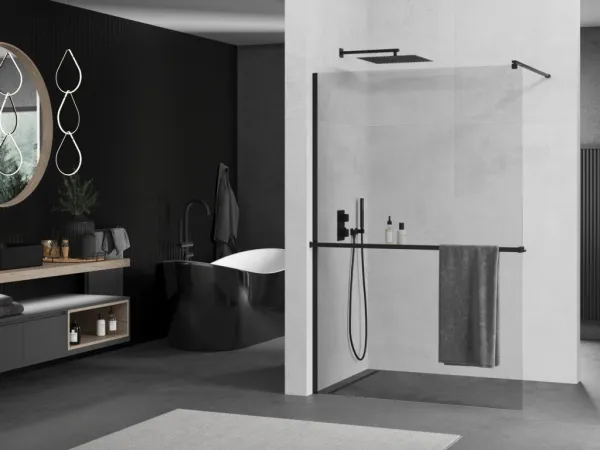 MEXEN/S - Kioto+ Sprchová zástena WALK-IN s poličkou a držiakom uterákov 85 x 200, transparent, čierna 800-085-121-70-00