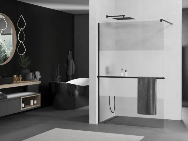 MEXEN/S - KIOTO Sprchová zástena WALK-IN s poličkou a držiakom uterákov 100 x 200, transparent/matné sklo 8 mm, čierna 800-100-121-70-35