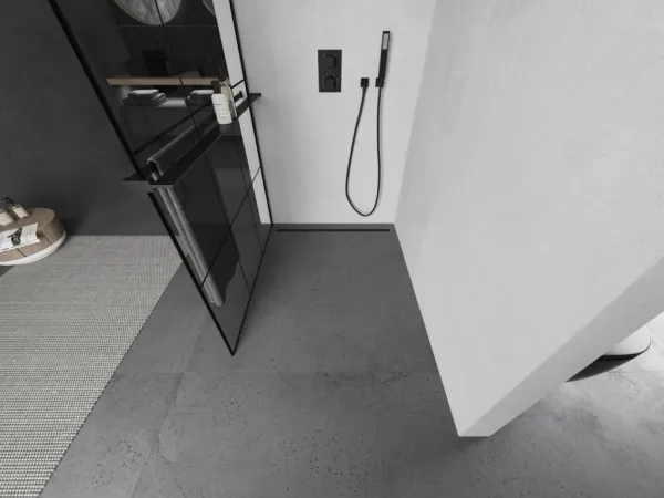 MEXEN/S - KIOTO Sprchová zástena WALK-IN s poličkou a držiakom uterákov 120 x 200, transparent/čierna 8 mm, čierna - 800-110-121-70-77 800-120-121-70-77
