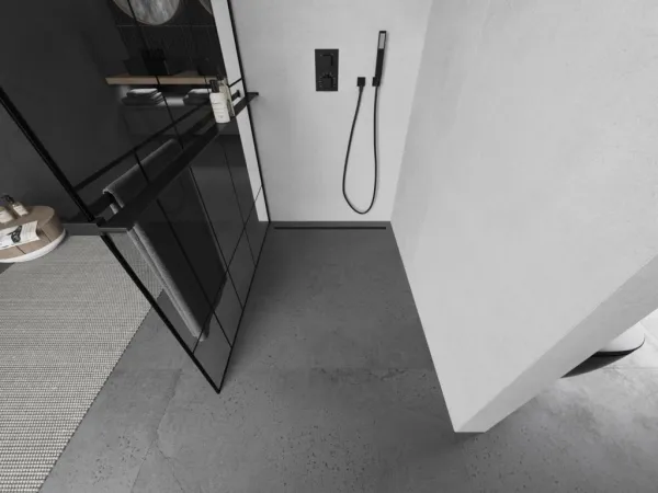 MEXEN/S - KIOTO Sprchová zástena WALK-IN s poličkou a držiakom uterákov 80 x 200, transparent/čierna 8 mm, čierna 800-080-121-70-78