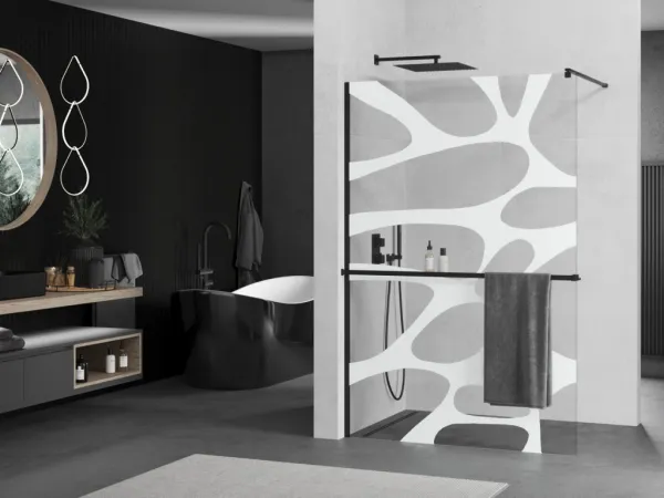 MEXEN/S - KIOTO Sprchová zástena WALK-IN s poličkou a držiakom uterákov 100 x 200, transparent/biely dekor 8 mm, čierna 800-100-121-70-97
