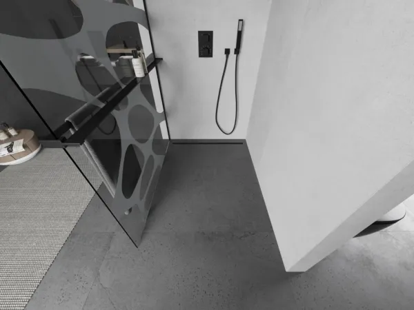 MEXEN/S - KIOTO Sprchová zástena WALK-IN s poličkou a držiakom uterákov 90 x 200, transparent/biely dekor 8 mm, čierna 800-090-121-70-97