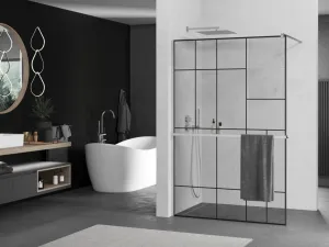 MEXEN/S - KIOTO Sprchová zástena WALK-IN s poličkou a držiakom uterákov 80 x 200, transparent/čierna 8 mm, chróm 800-080-121-01-78
