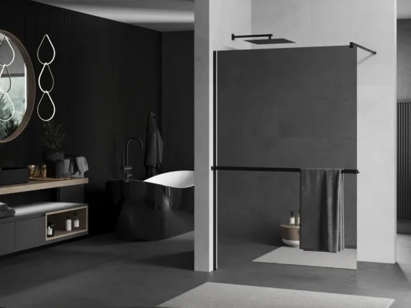 MEXEN/S - KIOTO Sprchová zástena WALK-IN s poličkou a držiakom uterákov 120 x 200, zrkadlové 8 mm, čierna 800-120-121-70-50