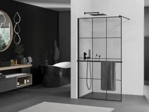 MEXEN/S - KIOTO Sprchová zástena WALK-IN s poličkou a držiakom uterákov 100 x 200, transparent/čierna 8 mm, čierna 800-100-121-70-77