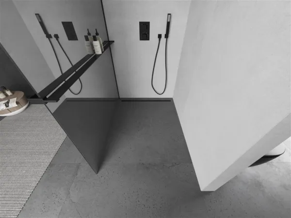 MEXEN/S - KIOTO Sprchová zástena WALK-IN s poličkou a držiakom uterákov 120 x 200, zrkadlové 8 mm, čierna 800-120-121-70-50