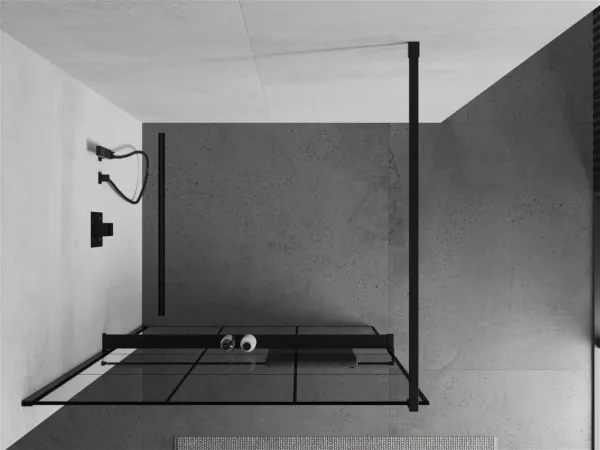 MEXEN/S - KIOTO Sprchová zástena WALK-IN s poličkou a držiakom uterákov 100 x 200, transparent/čierna 8 mm, čierna 800-100-121-70-77