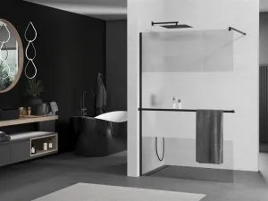 MEXEN/S - KIOTO Sprchová zástena WALK-IN s poličkou a držiakom uterákov 110 x 200, transparent/matné sklo 8 mm, čierna 800-110-121-70-35