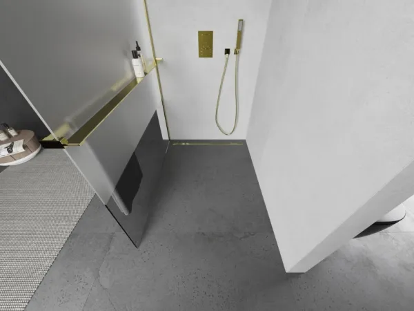 MEXEN/S - KIOTO Sprchová zástena WALK-IN s poličkou a držiakom uterákov 100 x 200, transparent 8 mm, zlatá 800-100-121-50-35