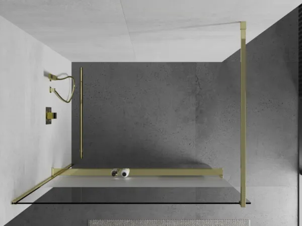 MEXEN/S - KIOTO Sprchová zástena WALK-IN s poličkou a držiakom uterákov 100 x 200, transparent 8 mm, zlatá 800-100-121-50-35