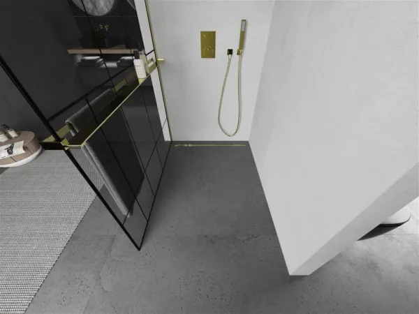 MEXEN/S - KIOTO Sprchová zástena WALK-IN s poličkou a držiakom uterákov 100 x 200, transparent/čierna 8 mm, zlatá 800-100-121-50-78